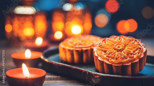 A glowing golden mooncake with intricate floral patterns, placed on a dark lacquered tray with soft candlelight.