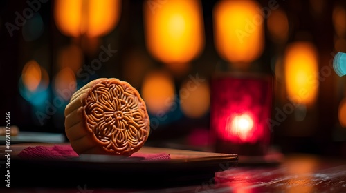 A glowing golden mooncake with intricate floral patterns, placed on a dark lacquered tray with soft candlelight.
