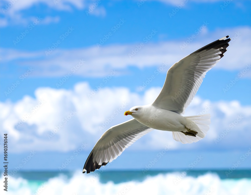 Fototapeta premium A seagull soars against a vibrant sky
