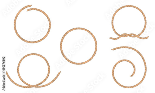 Set of rope frames on white background. Round frames made from marine ropes. Rope borders in nautical style.