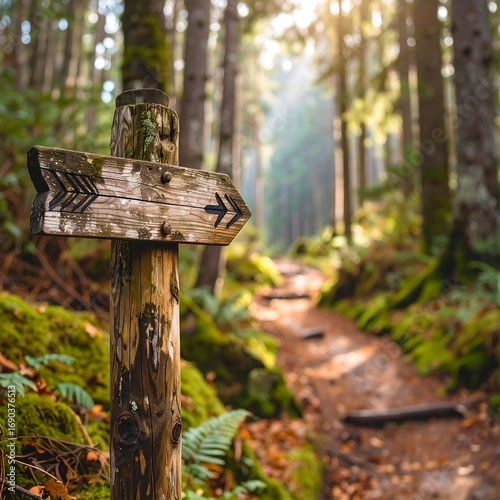 Wooden trail marker in forest