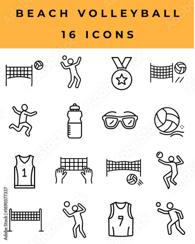 Beach volleyball icons set featuring players, equipment, and action  