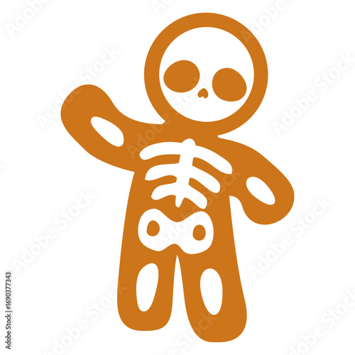Logo postre de Navidad. Silueta de hombre de pan de jengibre con esqueleto saludando para Halloween 