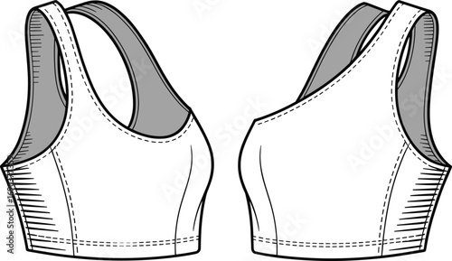 Women’s racerback sports bra fashion CAD, front and back technical flat sketch, activewear design template vector illustration