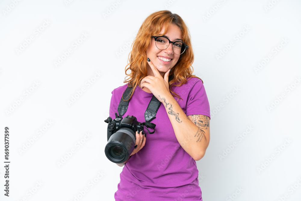 Fototapeta premium Young photographer caucasian woman isolated on white background happy and smiling