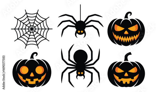 Set of six Halloween illustrations including spider web, spiders with glowing eyes, and carved pumpkins with varied expressions and spooky style