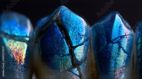 Iridescent tooth enamel with diamond-like cracks, glowing under blue light for durability.