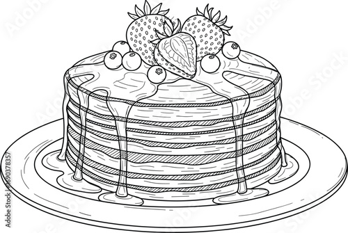 Pancakes, breakfast, syrup, strawberries, blueberries, plate, stack, vector illustration, black and white, hand-drawn, dessert, food, ink, sketch, line art, outline, graphic, sweet,