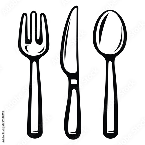 Minimalist illustration presents a spoon, fork, and knife arranged together in a monochrome style