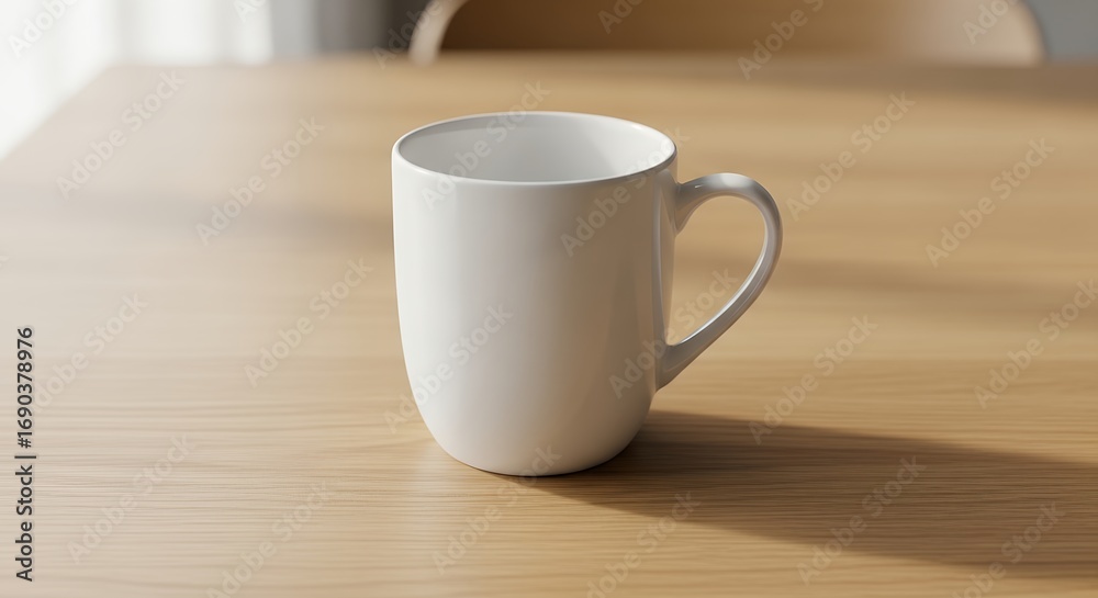 Fototapeta premium Empty White Ceramic Coffee Cup on Wooden Table Minimalist Lifestyle Still Life Photography