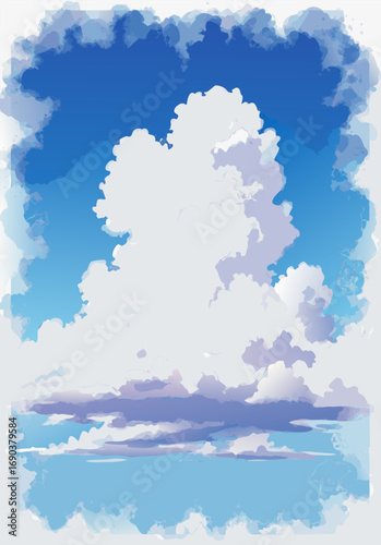 Fluffy Cumulus Cloud Formations on a Bright Blue Sky Background Painted in Watercolor Style