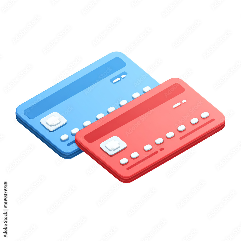 Fototapeta premium Two credit cards, one blue and one red, isolated on transparent background