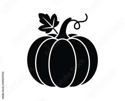 Stylized pumpkin silhouette with curling vine and pointed leaf, classic autumn icon ideal for Halloween, harvest, and seasonal design themes