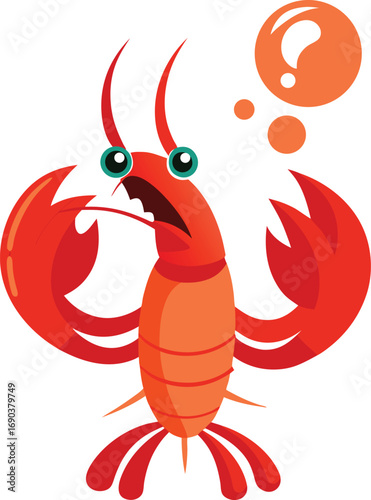 Confused Cartoon Lobster with Question Mark Bubble Isolated on White Background