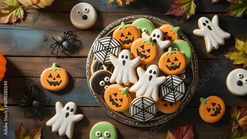 Delicious halloween cookies shaped like pumpkins ghosts and spiderwebs in a bowl on a rustic wooden table