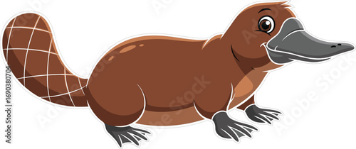 Adorable cartoon platypus with big eyes, webbed feet, smiling face, fluffy tail, unique bill, cute animal design for kids.
