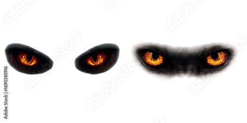 Set of a collection of glowing predator eyes, isolated on a transparent background.