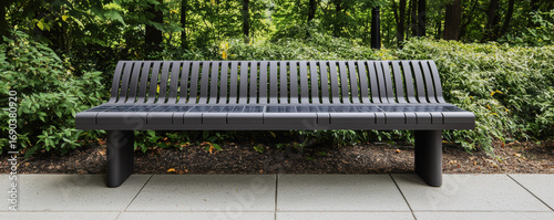 Modern bench solar panel recycled material outdoor seating park green design sustainable eco friendly urban furniture pathway