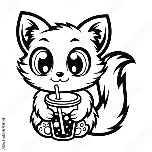 Monochrome cat drinks boba tea, enjoying its cute drink, on an isolated white background