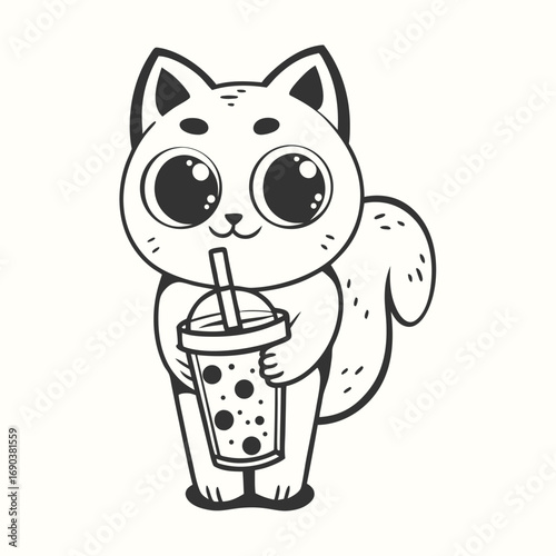 Monochrome cute cat with big eyes is drinking boba tea, featuring delightful minimalism