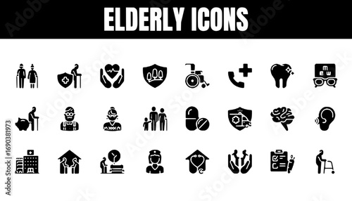 Elderly Care Icons Set Black Glyph Style