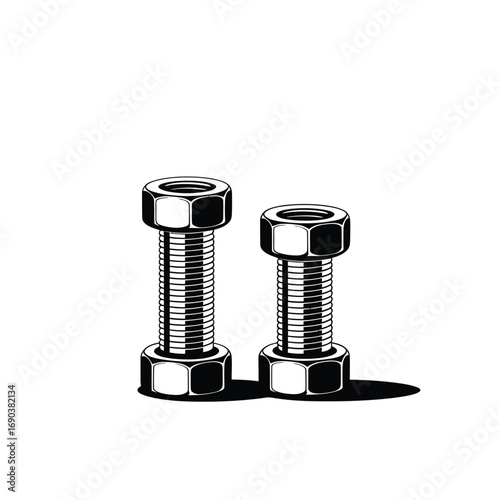 Two metal bolts and nuts on a white background