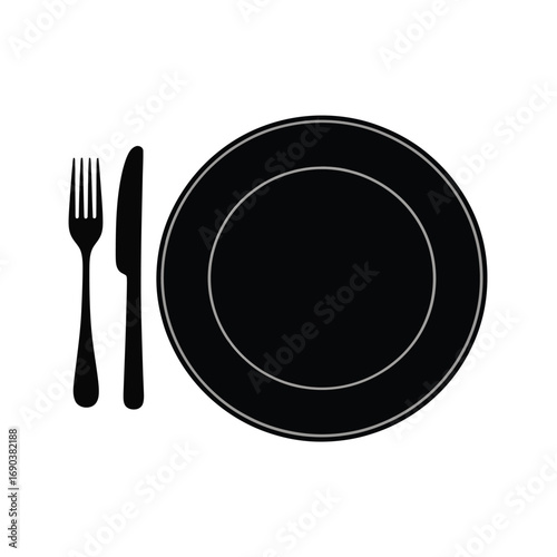 Black plate and silverware set isolated on white background