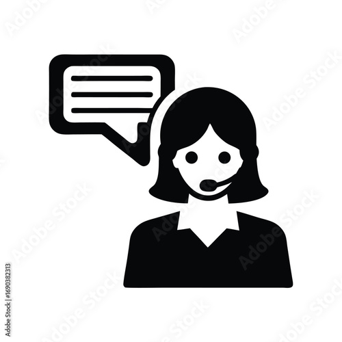 Monochrome female agent with headset displaying message box showcases communication expertise clearly