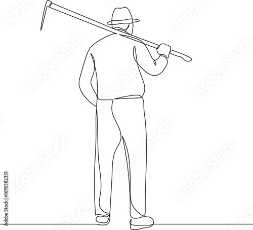 Back View of Farmer with Hoe. Minimalist One Line Agricultural Drawing Illustration