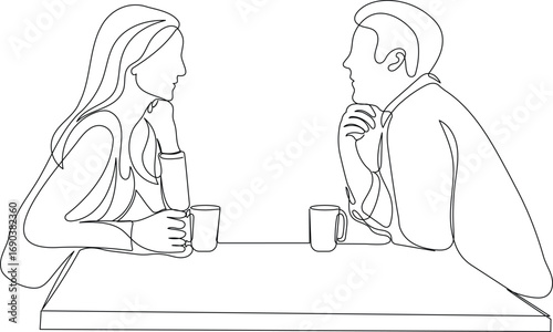 Continuous Line Sketch of Romantic Partners Enjoying Coffee at Café. Minimalist Scene Of a Romantic Couple Looking At Each Other