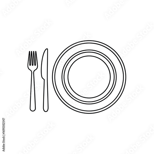 Simple line drawing of a plate with fork and knife
