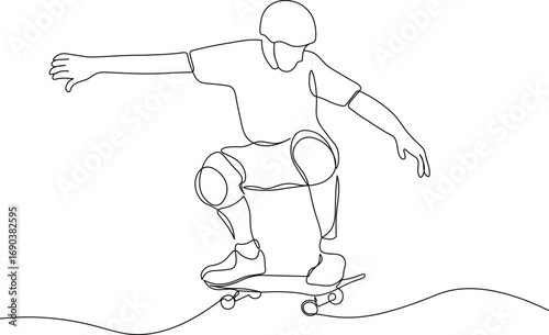 Young Male Skateboarder at Skate Park. Fun Continuous One Line Illustration