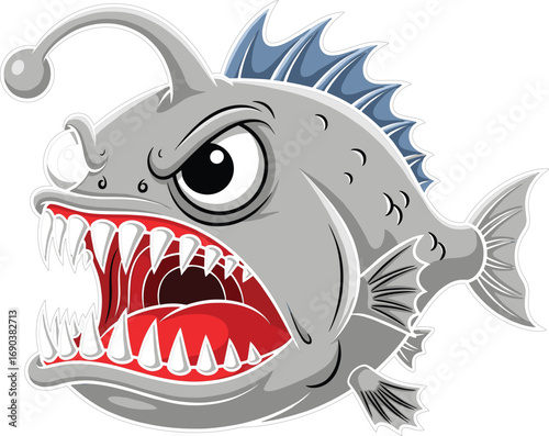 Aggressive cartoon anglerfish with sharp teeth, glowing lure, and fierce expression — vector illustration for deep sea, marine, predator themes