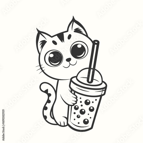 Monochrome stylized fox cub is smiling while drinking bubble tea from a cup