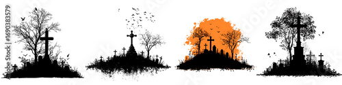 Set of a scary Halloween graveyard and cemetery silhouettes, isolated on a transparent background.