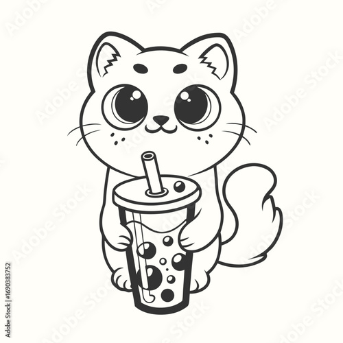 Outline cartoon feline character joyfully sips flavorful bubble tea beverage through a straw