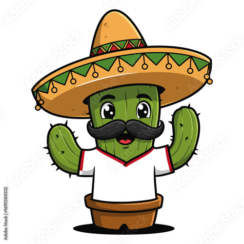 A fun cartoon boy in a cowboy hat smiles while eating a taco, a classic Mexican sombrero illustration