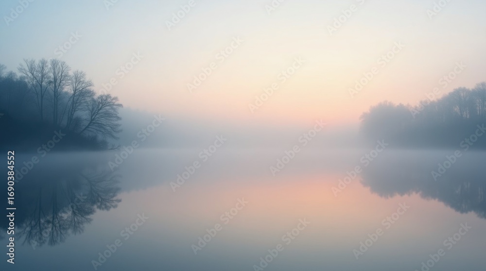 Fototapeta premium Silent lake scene with morning fog gently rising, pastel colors in sky reflected on water, peaceful and moody landscape. 