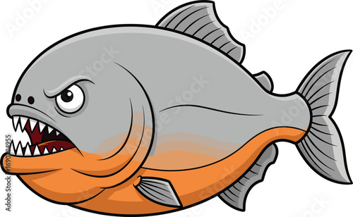 Angry cartoon piranha fish with sharp teeth and fierce expression, aggressive aquatic animal vector illustration for wildlife and fishing content