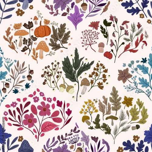 Autum Winter Pattern Background Illustration For Cover, Banner, Notes. Fall Winter Aesthetic Background.  Plant And Flower Pattern Background.