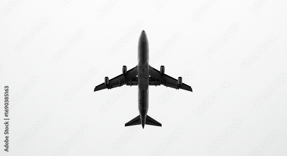 Obraz premium 白バックで優雅に飛行する旅客機 上空からの俯瞰撮影. AI Generated