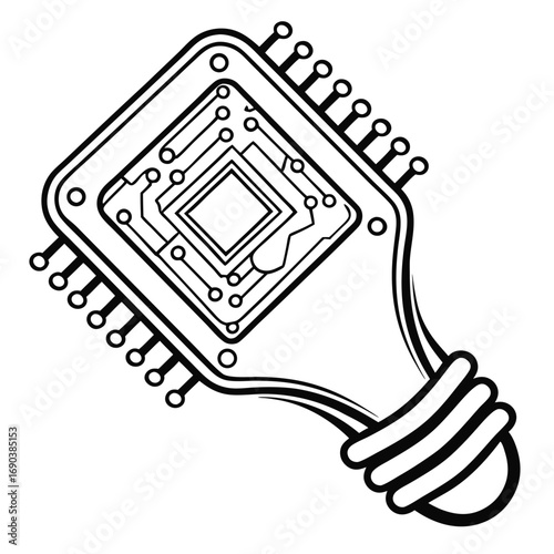 Outlined digital lightbulb shows futuristic network circuit within, conveying electronic innovation