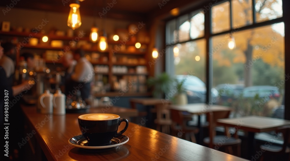 A warm and inviting cafe scene showcasing a barista crafting detailed latte art under soft glowing lamps near large crystal-clear windows with autumn leaves visible outside.
A warm and inviting cafe scene showcasing a barista crafting detailed latte art under soft glowing lamps near large crystal-clear windows with autumn leaves visible outside.