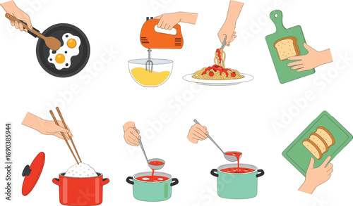 Vector illustration of hands cooking various meals, frying eggs, mixing batter, serving soup, cooking rice, and cutting bread, kitchen activity concept