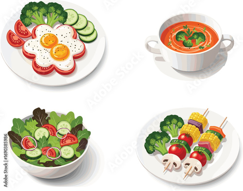 Vector illustration set of healthy food meals, including fried eggs, soup, fresh salad, grilled vegetables, served on plates, for menu design