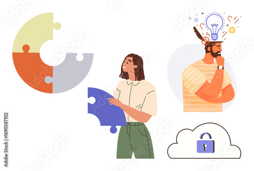 Woman holding puzzle piece, man pondering creatively with light bulb, puzzle diagram, and locked cloud. Ideal for strategy, inspiration, collaboration, innovation, problem solving creativity