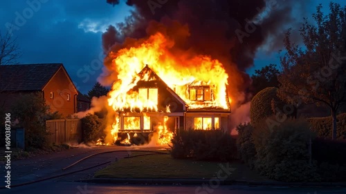 A house on fire with a hose in front of it