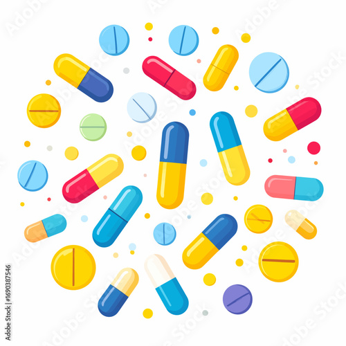 Vibrant cartoon-style pharmaceutical pills and capsules in various shapes and colors scattered on a white background.