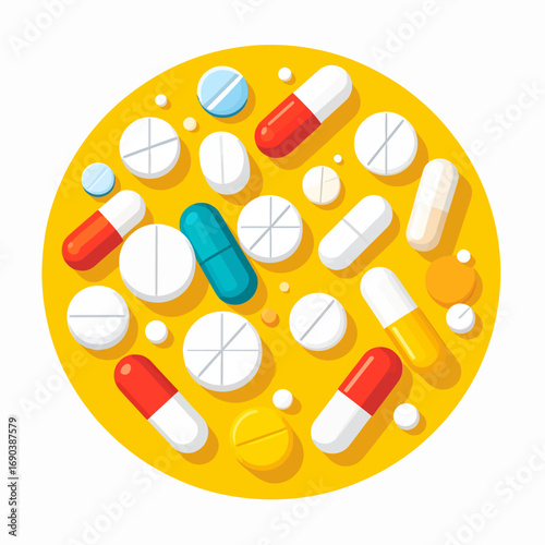 A vibrant assortment of various medical pills and capsules scattered on a bright yellow circular background.