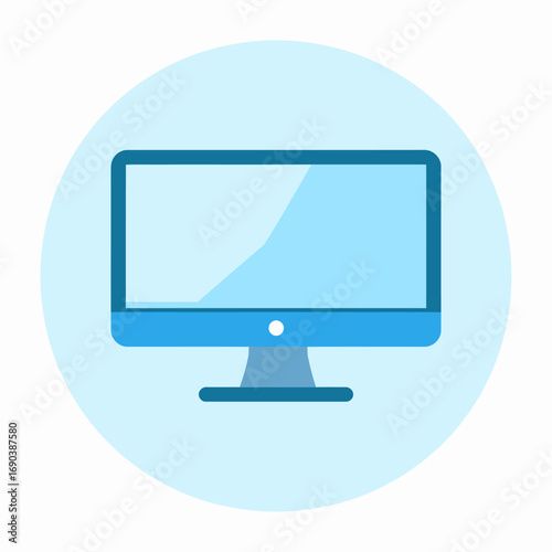 A flat design icon of a blue computer monitor with a light blue screen and stand, set within a circle.